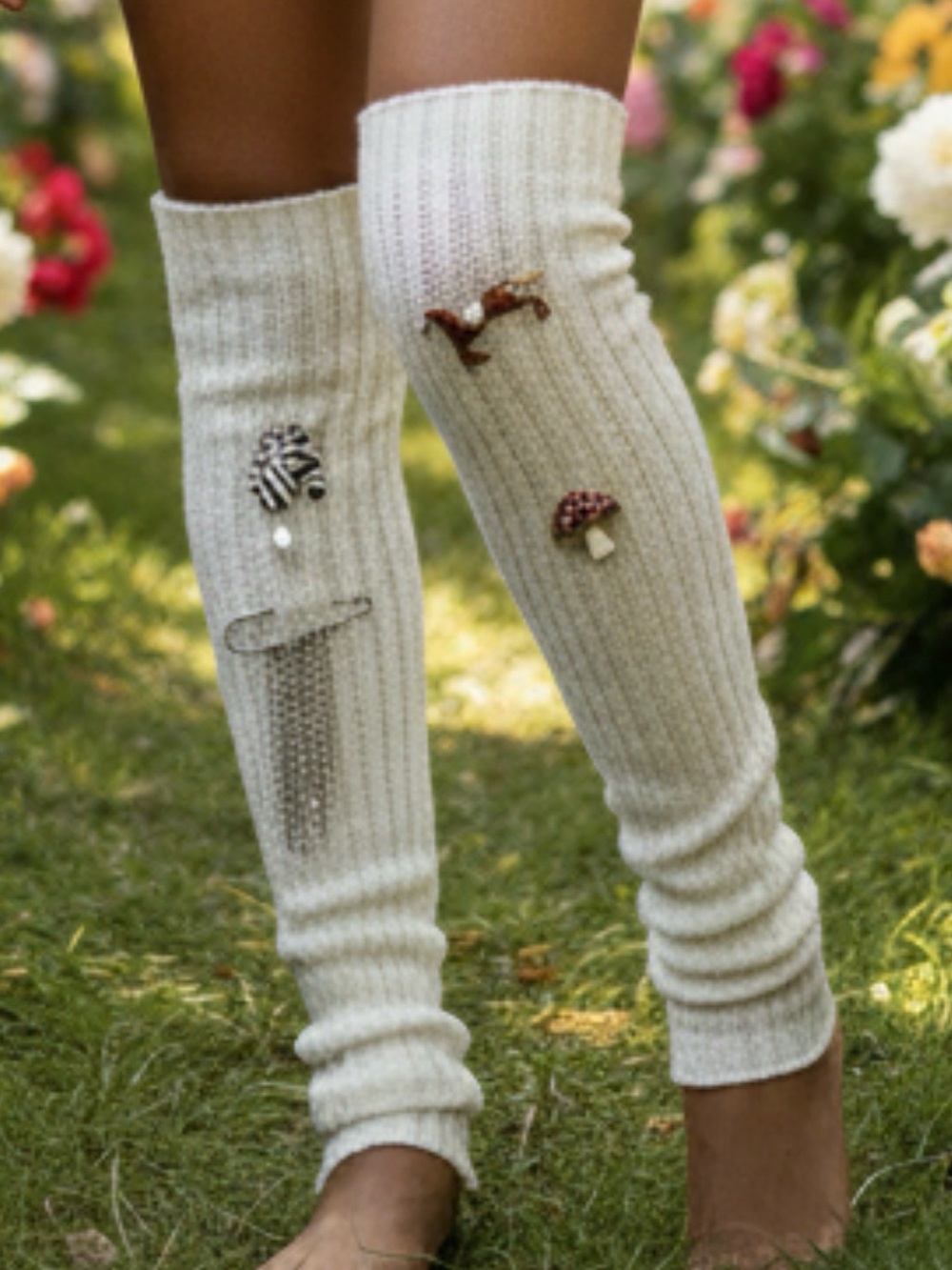 Knit White Leg Warmers with Enamel Charm Pin and Brooches Hand Crafted